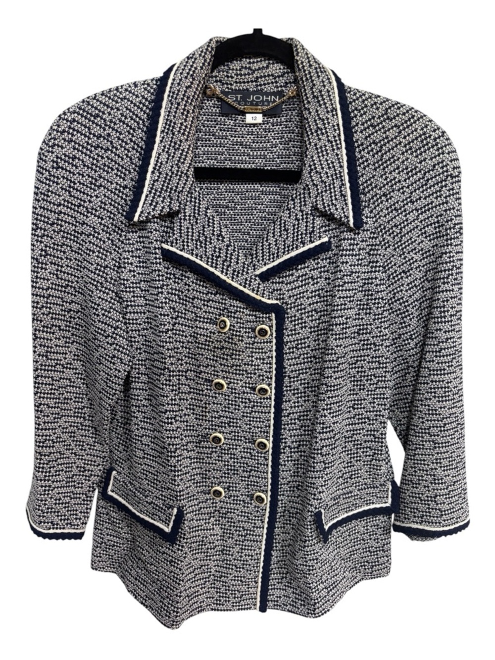 St. John Couture Navy & White Tweed Double-Breasted Blazer w SJ buttons Sz12 EUC